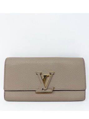 Louis Vuitton Capucines Taurillon Leather Wallet Beige Gold LV Womens